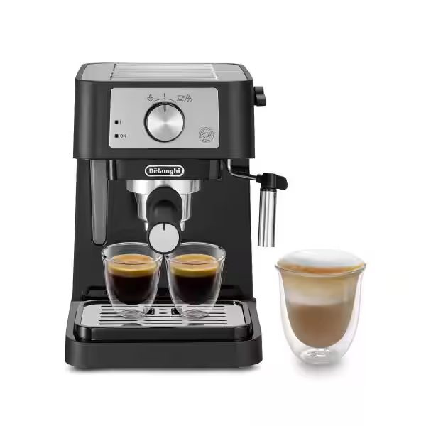 De'Longhi Stilosa Compact Manual Espresso Machine EC260BK, 15 Bar Pump, Manual Milk Frother, Black/Stainless