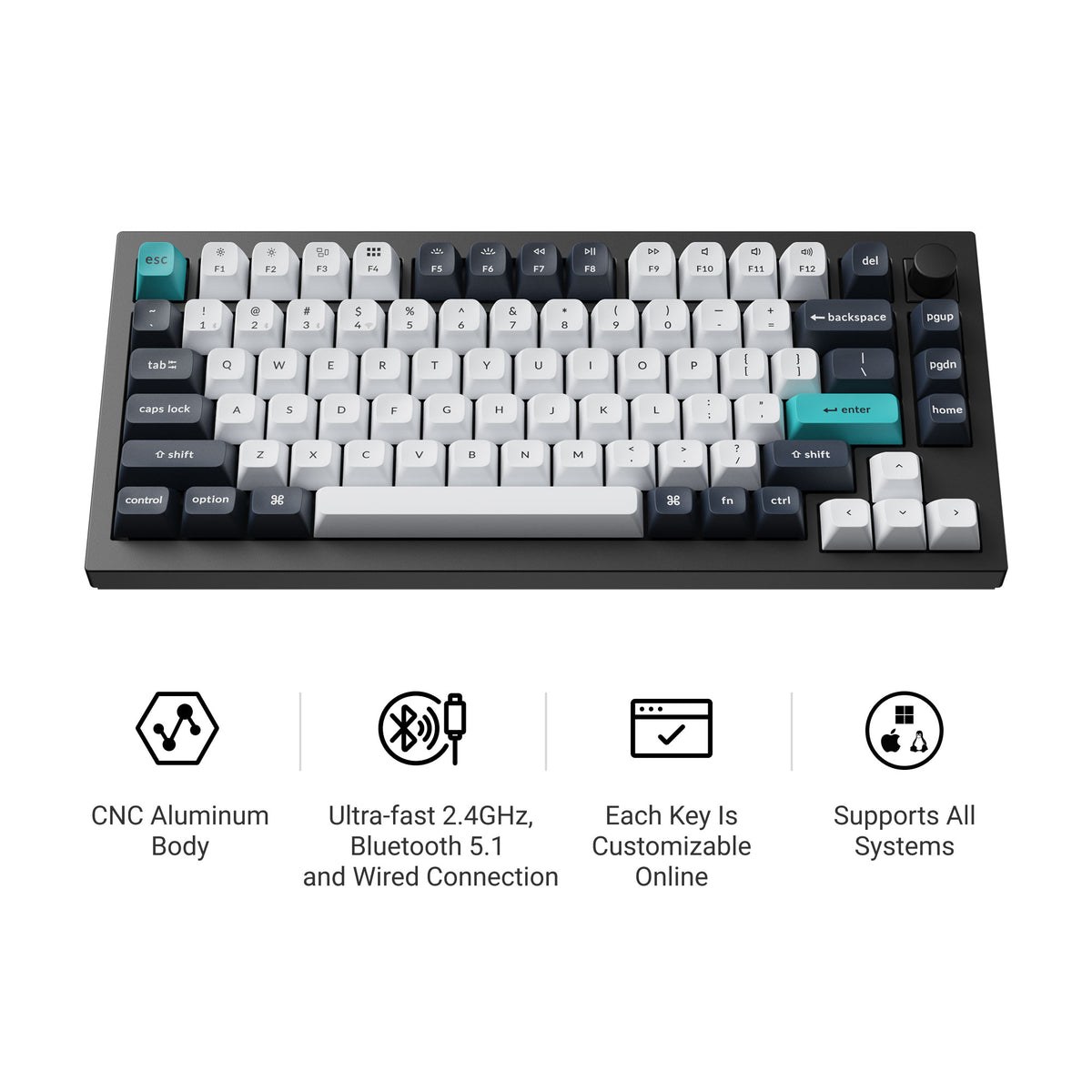 Keychron Q1 Max QMK/VIA Wireless Custom Mechanical Keyboard, 2.4 GHz/Bluetooth/Wired Aluminum 75% Layout, Programmable Knob, Gateron Jupiter Red Switch, Hot-Swappable, RGB Backlit
