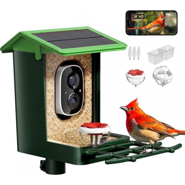 Smart Bird Feeder with Camera Solar Powered 2K HD Video, 10,000+ Species AI Recognition, Real-Time App Alerts, and Weatherproof Design for Effortless Birdwatching, Gift for Bird Lovers, Green Brown